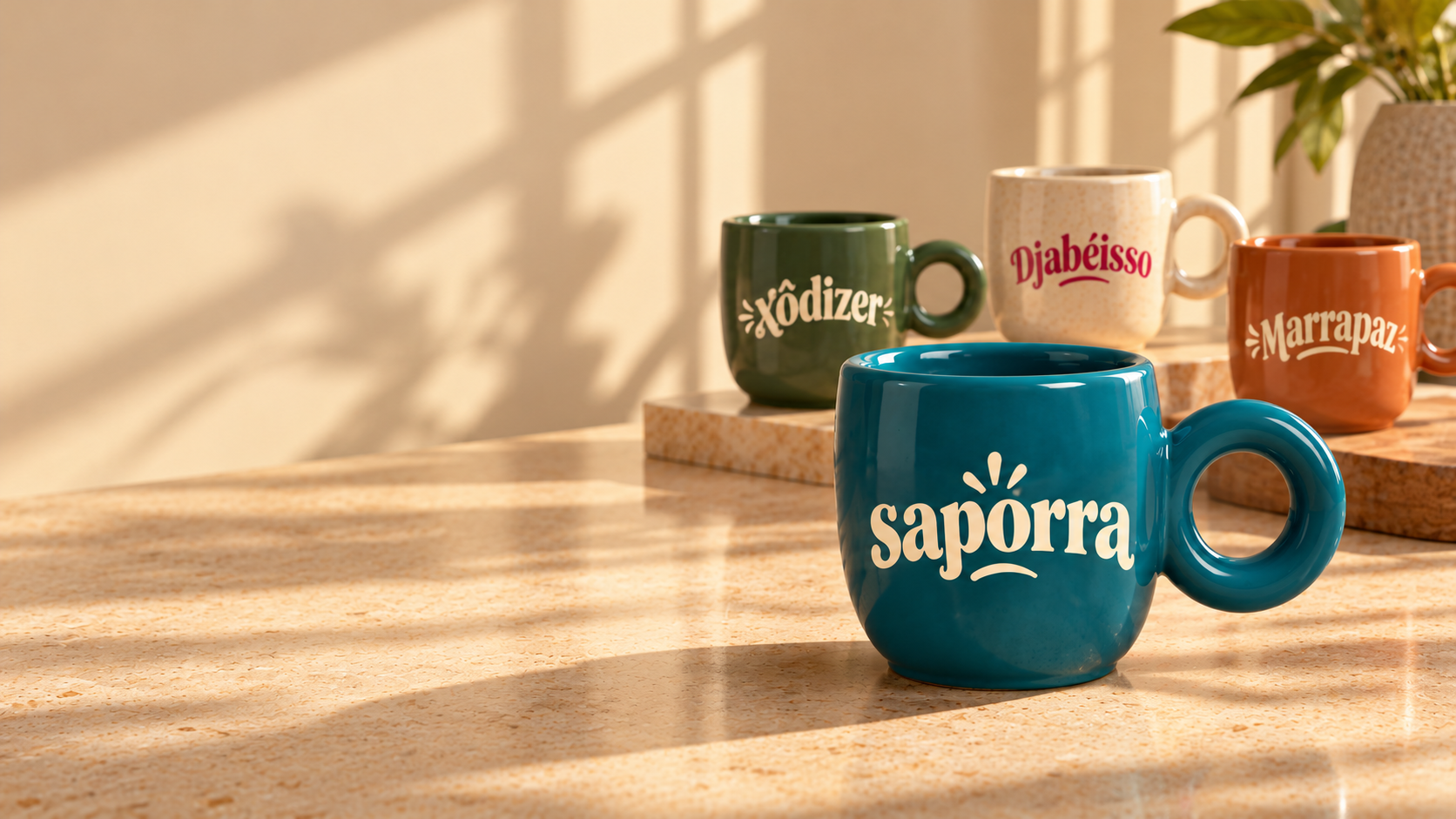 Caneca SAPORRA azul-petróleo em primeiro plano, com canecas autorais da coleção sob luz dourada